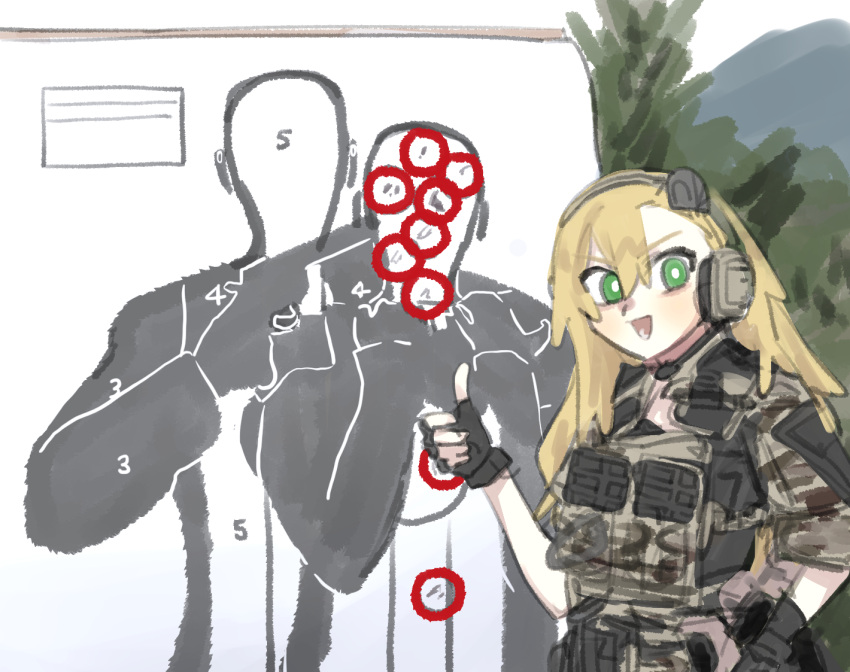 1girl alternate_costume asymmetrical_bangs black_gloves blonde_hair bright_pupils camouflage camouflage_shirt chest_rig doyagao fingerless_gloves gloves green_eyes hand_up headset insect_hair_ornament looking_at_viewer matangom matangomu-chan microphone open_mouth original outdoors parody photo-referenced pillbug shirt shooting_range silhouette_target sleeves_rolled_up smile smug solo thumbs_up tree upper_body v-shaped_eyebrows white_pupils you're_doing_it_wrong
