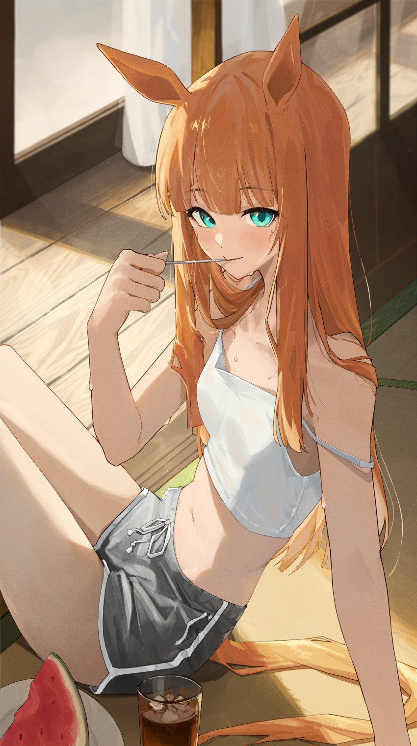 1girl absurdres alternate_costume animal_ears blush breasts camisole crop_top dolphin_shorts feet_out_of_frame food fruit grey_shorts highres holding holding_spoon horse_ears horse_girl horse_tail indoors long_hair looking_at_viewer ningen_gokko on_floor orange_hair shorts silence_suzuka_(umamusume) small_breasts smile solo spoon straight_hair sweatdrop tail tatami umamusume very_long_hair watermelon white_camisole wooden_floor
