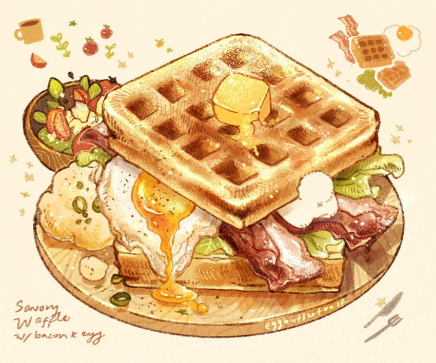 bacon butter cherry_tomato commentary cup dripping egg english_commentary english_text food food_focus fork highres knife lettuce mug nao_(bestrollever) onion original plate rabbit rabbit_tail sparkle star_(symbol) tail tomato tomato_slice waffle yellow_background