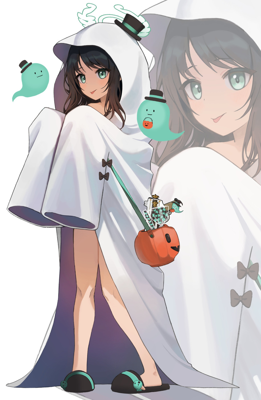 1girl :q absurdres airi_(blue_archive) blue_archive brown_hair ghost_costume green_eyes green_halo halloween_bucket halloween_costume halo highres jack-o'-lantern momocadraw pumpkin sleeves_past_fingers sleeves_past_wrists tongue tongue_out
