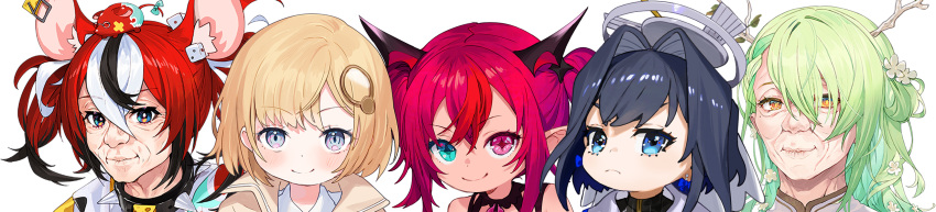 5girls aged_down aged_up animal_ears animal_on_head black_hair blonde_hair blue_eyes blush ceres_fauna close-up dice_hair_ornament earrings english_commentary flower green_hair hair_flower hair_ornament hakos_baelz heterochromia highres hololive hololive_english horns irys_(hololive) jewelry looking_at_viewer mole mole_under_eye monocle_hair_ornament mouse_ears mouse_girl mouse_on_head mr._squeaks_(hakos_baelz) multicolored_hair multiple_girls ninomae_ina'nis_(artist) old old_woman on_head ouro_kronii purple_eyes red_hair simple_background smile streaked_hair twintails virtual_youtuber watson_amelia white_background white_hair wide_image yellow_eyes