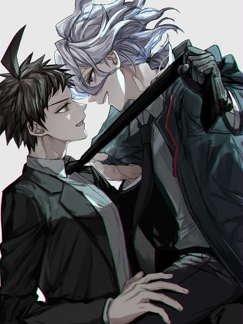 2boys :d ahoge black_gloves black_necktie black_pants brown_hair chitose_(chitoseame0609) collared_shirt danganronpa_(series) danganronpa_2:_goodbye_despair formal gloves green_jacket grey_hair hand_up highres hinata_hajime jacket komaeda_nagito long_sleeves male_focus messy_hair multiple_boys necktie necktie_grab neckwear_grab official_alternate_costume open_clothes open_jacket pants shirt sitting sitting_on_lap sitting_on_person smile teeth upper_teeth_only yaoi