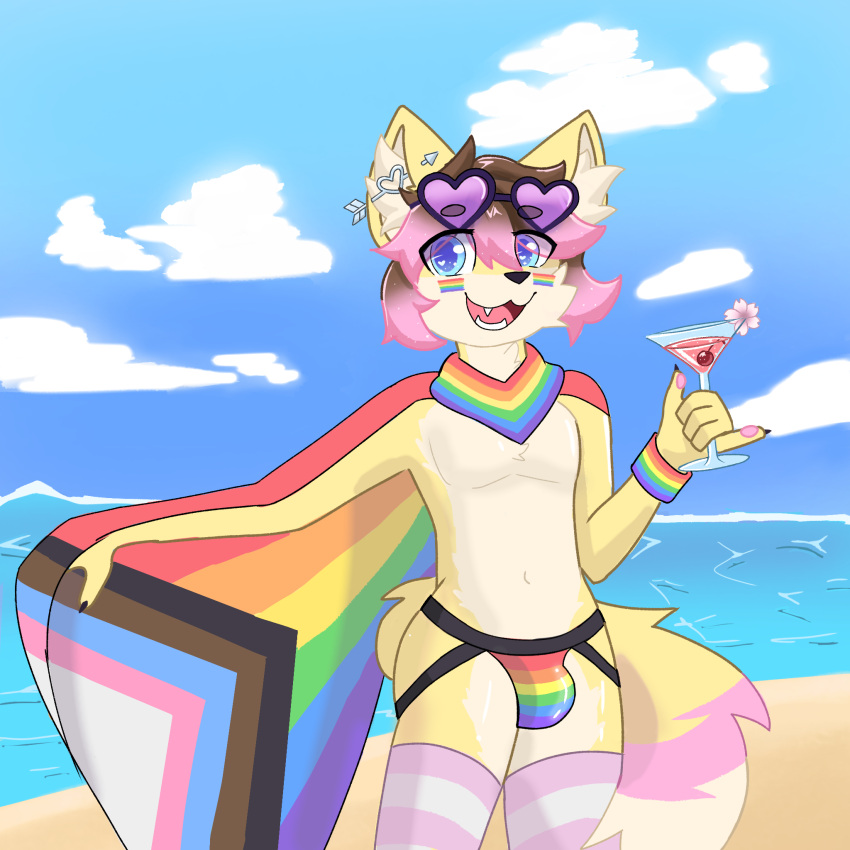 2023 anthro artist_swiftail beach beverage blue_eyes brown_hair bulge canid canine character_swiftail clothed clothing digital_media_(artwork) ear_piercing eyewear eyewear_on_head fox fur girly hair hi_res jockstrap legwear lgbt_pride looking_at_viewer male male/male mammal open_mouth partially_clothed piercing pink_hair pride_colors rainbow_pride_colors sea seaside shaded six-stripe_rainbow_pride_colors smile solo sunglasses sunglasses_on_head swimwear tail tights underwear water