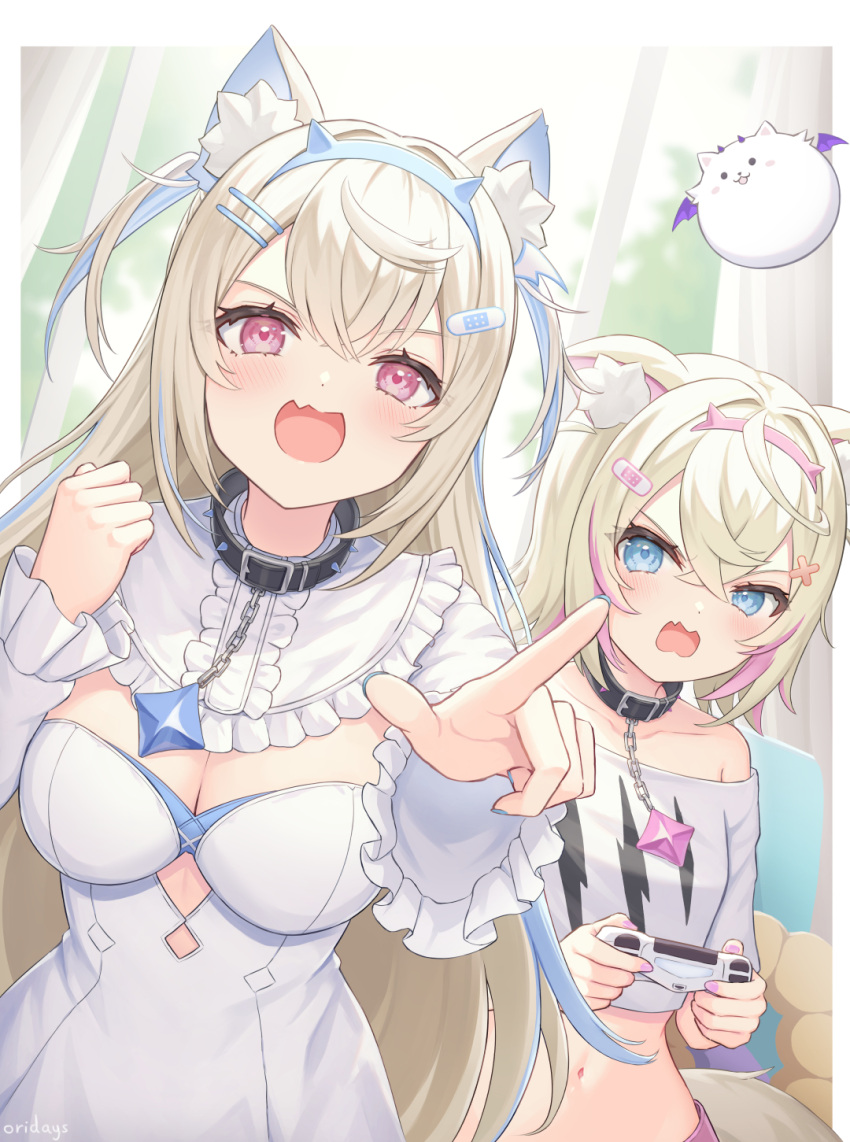2girls :3 :d angry animal_ear_fluff animal_ears bandaid_hair_ornament bare_shoulders belt belt_collar bib black_collar blonde_hair blue_bra blue_brooch blue_eyes blue_hair blue_hairband blush blush_stickers border bra breasts cleavage clenched_hand collar collarbone commentary_request controller cropped_shirt crossed_bangs crystal_horn d: dog_ears dog_girl fang furrowed_brow fuwawa_abyssgard game_controller hair_between_eyes hair_intakes hair_ornament hairband hairclip hands_up highres holding holding_controller holding_game_controller holoadvent hololive hololive_english indoors light_blue_hair long_hair long_sleeves looking_at_another looking_at_viewer medium_breasts medium_eyebrows medium_hair midriff mococo_abyssgard multicolored_hair multiple_girls navel off-shoulder_shirt off_shoulder oridays outside_border perroccino_(fuwamoco) pillow pink_belt pink_brooch pink_eyes pink_hair pink_hairband playstation_controller pointing purple_wings shirt siblings sideways_glance sisters sitting skin_fang small_breasts smile streaked_hair twins two_side_up underwear upper_body very_long_hair white_border window wing_hair_ornament wings x_hair_ornament