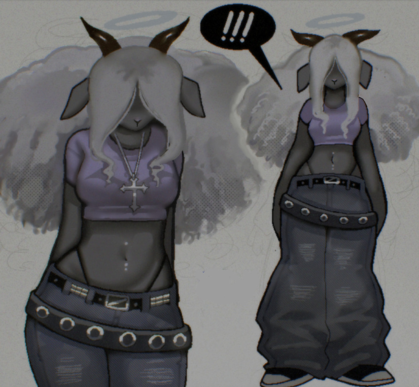 2023 anthro biped black_clothing black_horn bovid breasts caprine christian_cross clothing female fur grey_body grey_clothing grey_ears grey_fur grey_hair hair hair_over_eyes halo horn jewelry mammal necklace purple_clothing sheep solo trans_(lore) trans_man_(lore) wolfertinger