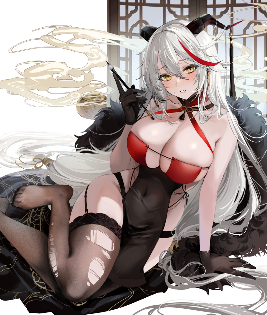 1girl absurdres aegir_(azur_lane) aegir_(golden_dragon_among_auspicious_clouds)_(azur_lane) arm_support azur_lane bare_arms bare_shoulders black_dress black_garter_straps black_gloves black_thighhighs blush breasts calligraphy_brush china_dress chinese_clothes cleavage commentary_request covered_navel criss-cross_halter dragon_horns dress earrings feet foot_out_of_frame frown garter_straps gloves hair_between_eyes halterneck hand_up highres holding holding_calligraphy_brush holding_paintbrush horn_ornament horns incense jewelry kandzume_(kandume200) leaning_to_the_side legs long_hair multicolored_hair no_shoes official_alternate_costume paintbrush panty_straps parted_lips pelvic_curtain red_dress red_hair sitting sleeveless sleeveless_dress slit_pupils smile smoke solo streaked_hair sweat tassel thighhighs thighs toes torn_clothes two-tone_dress variant_set white_background white_hair yellow_eyes yokozuwari