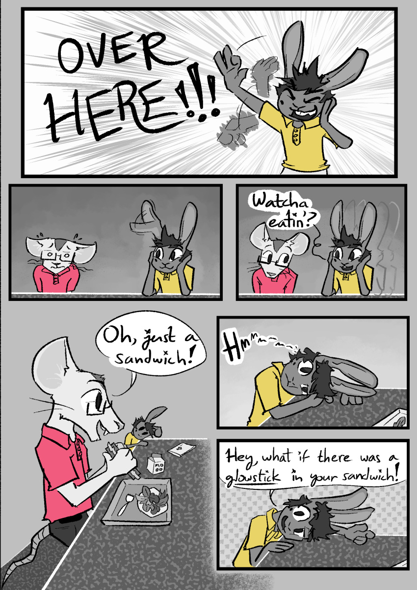 2023 absurd_res anthro beauchamp_(halcyon) clothed clothing comic dialogue digital_media_(artwork) duo english_text fur greyscale hair halcyon_(series) herba_(halcyon) hi_res lagomorph leporid lost_andsafe male male/male mammal monochrome mouse murid murine open_mouth rabbit rodent simple_background smile text