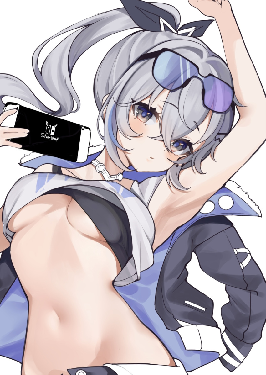 1girl armpits blush bow breasts commentary crossed_bangs fur-trimmed_jacket fur_trim grey_eyes grey_hair hair_bow handheld_game_console high_ponytail highres holding holding_handheld_game_console honkai:_star_rail honkai_(series) jacket long_hair looking_at_viewer medium_breasts midriff navel nintendo_switch oimo_0imo silver_wolf_(honkai:_star_rail) simple_background solo underboob unfinished upper_body white_background