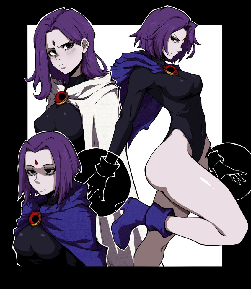 1girl absurdres black_bodysuit black_border black_eyes black_gloves blush bodysuit boots border breasts cape closed_mouth colored_skin dc_comics forehead_jewel gem gloves highres kekel leg_up looking_at_viewer looking_to_the_side medium_breasts outside_border purple_cape purple_footwear purple_hair purple_skin raven_(dc) red_gemstone short_hair simple_background solo standing standing_on_one_leg teen_titans v-shaped_eyebrows white_background white_cape