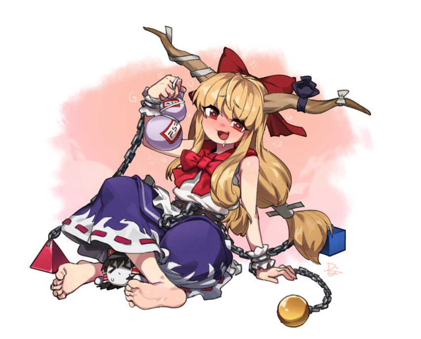 1girl alcohol arm_support bare_shoulders barefoot blonde_hair blush bow bowtie character_doll crossed_legs cuffs difman drooling drunk feet full_body gourd hair_bow hair_tubes hakurei_reimu hand_up highres holding horn_ornament horn_ribbon horns ibuki_suika leaning_to_the_side long_hair open_mouth pink_background purple_skirt red_bow red_bowtie red_eyes ribbon ribbon-trimmed_skirt ribbon_trim sake shackles shiny_skin shirt sidelocks signature sitting skirt sleeveless sleeveless_shirt soles solo toenails toes touhou very_long_hair white_background white_shirt