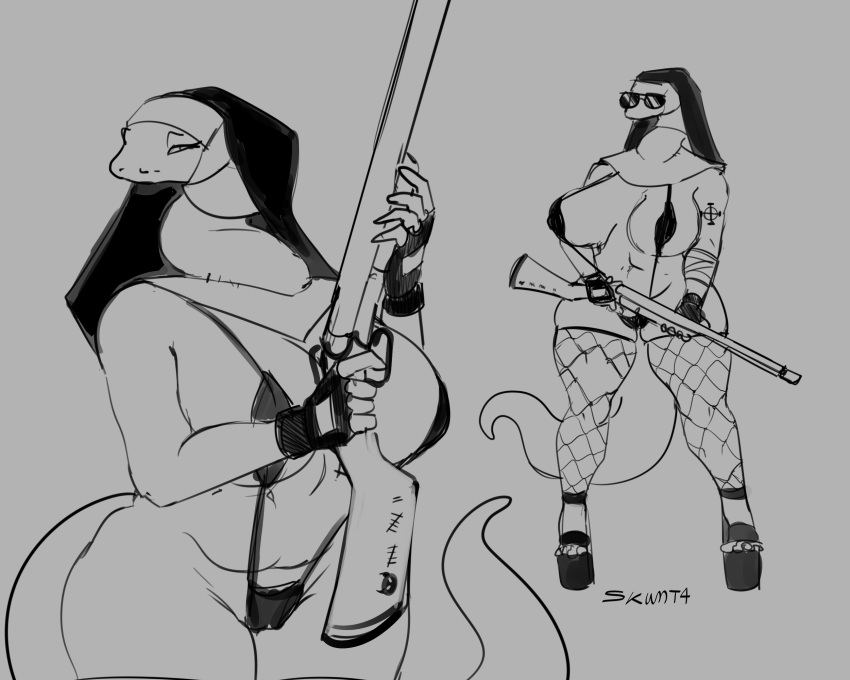2023 anthro arm_tattoo big_breasts bikini breasts clothed clothing eyewear female fishnet fishnet_legwear footwear gloves grey_background handwear hi_res high_heels holding_object holding_weapon legwear looking_at_viewer monochrome non-mammal_breasts nun python reptile scalie simple_background skimpy skwmt4 snake solo string_bikini string_panties sunglasses swimwear tattoo thick_thighs weapon wide_hips