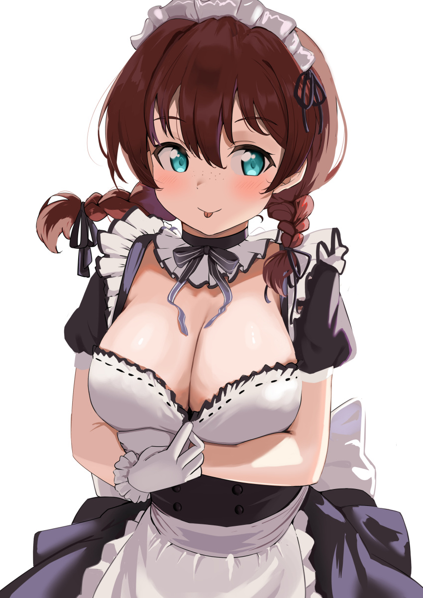 1girl :p absurdres alternate_costume apron apron_pull arm_under_breasts back_bow black_choker blue_eyes blush bow braid breast_hold breasts brown_hair choker cleavage clothes_pull commentary detached_collar emma_verde enmaided evildaddy12 freckles frilled_apron frilled_shirt_collar frills hair_between_eyes high-waist_skirt highres large_bow large_breasts looking_at_viewer love_live! love_live!_nijigasaki_high_school_idol_club low_twin_braids low_twintails maid maid_headdress medium_hair puffy_short_sleeves puffy_sleeves red_vest shirt_pull short_sleeves simple_background skirt solo tongue tongue_out twin_braids twintails underbust vest waist_apron white_apron white_background