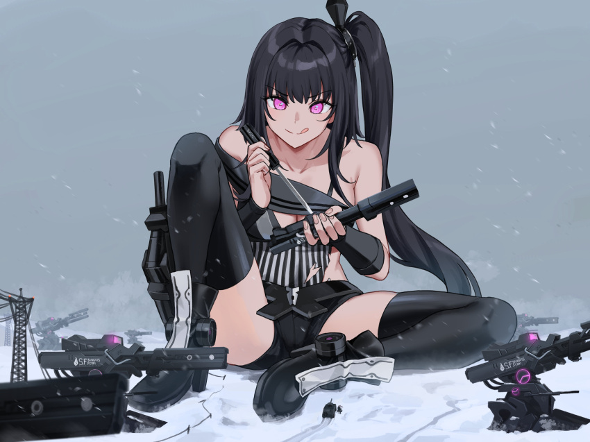 1girl absurdres architect_(girls'_frontline) artist_request bare_shoulders black_hair black_thighhighs breasts cleavage giant giantess girls'_frontline highres holding machine pink_eyes short_shorts shorts side_ponytail sitting snow solo thighhighs tongue tongue_out wariza weapon winter