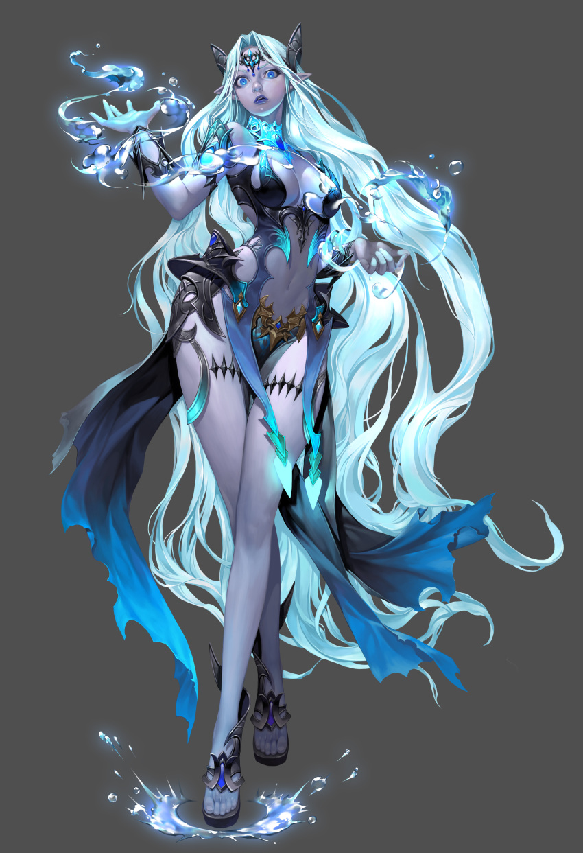 absurdres blue_hair blue_lips blue_skin breasts cleavage_cutout clothing_cutout colored_skin crossed_legs hair_ornament high_heels highres hip_armor long_hair magic mam_ba midriff navel original pointy_ears