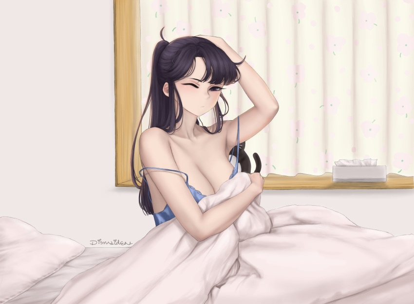 1girl arm_up bed bed_sheet black_eyes black_hair blue_nightgown breasts cleavage curtains dismaiden highres indoors komi-san_wa_komyushou_desu komi_shouko large_breasts long_hair messy_hair nightgown on_bed one_eye_closed pillow solo strap_slip tissue_box waking_up