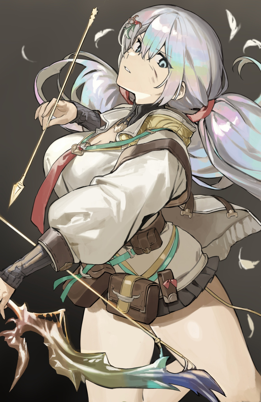 1girl arrow_(projectile) belt belt_pouch black_background black_skirt blue_eyes bow_(weapon) breasts bruise cleavage cupitan_(granblue_fantasy) detached_collar feathers granblue_fantasy grey_hair hair_ornament hairclip hashibiro_kou_(garapiko_p) highres holding holding_arrow holding_bow_(weapon) holding_weapon injury jacket large_breasts long_hair long_sleeves looking_at_viewer low_twintails miniskirt open_clothes open_jacket open_mouth pouch shirt skirt sleeves_past_wrists solo twintails weapon white_jacket white_shirt