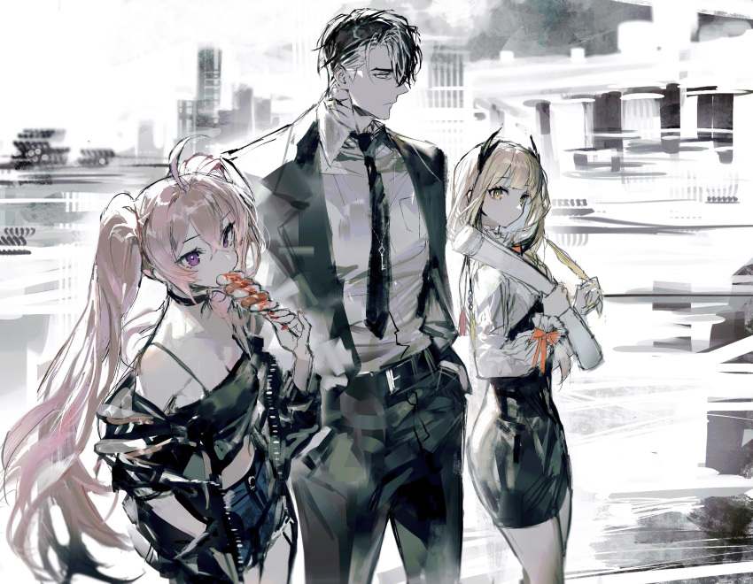 1boy 2girls ahoge black_dress black_hair black_jacket black_necktie black_pants black_shirt blonde_hair blue_shorts closed_mouth collared_shirt commentary_request dress feathers food highres holding holding_feather holding_food holding_map jacket jewelry key_necklace korean_commentary long_hair map multicolored_hair multiple_girls necklace necktie off_shoulder original pants pink_hair quill remsrar shirt shorts streaked_hair very_long_hair white_hair white_shirt wing_collar yakitori yellow_eyes