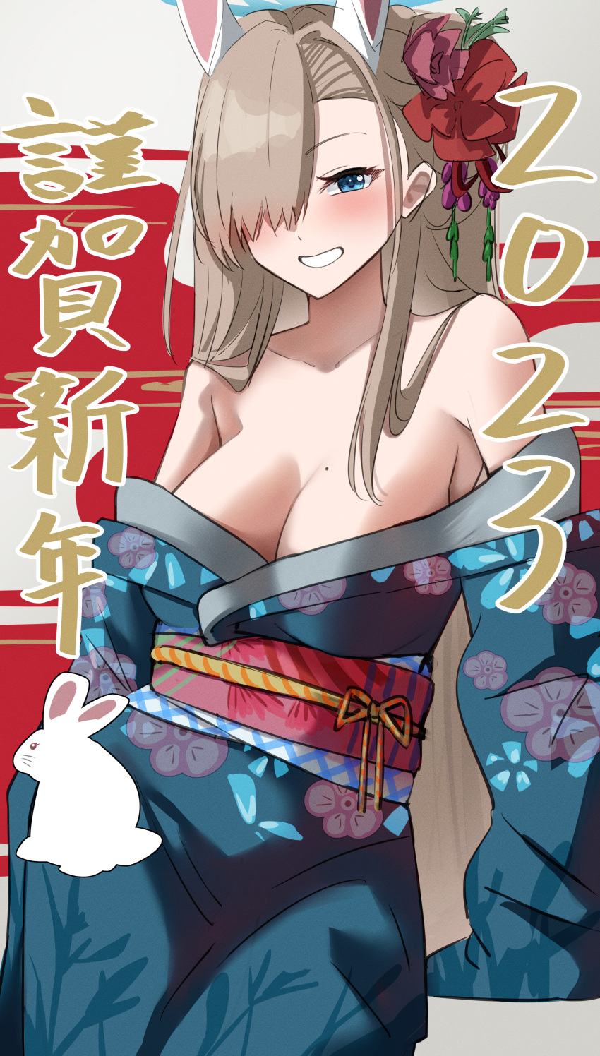 1girl 2023 absurdres alternate_costume animal_ears asuna_(blue_archive) blue_archive blue_kimono breasts grin hair_over_one_eye halo highres japanese_clothes katagirinanoka kimono large_breasts light_blush long_hair looking_at_viewer no_bra rabbit rabbit_ears smile solo very_long_hair