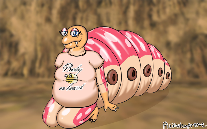 bald bottomless bulborb_(pikmin) clothed clothing empress_bulblax female hi_res pink_body pink_skin pixiecatsupreme shirt sitting solo t-shirt topwear wrinkles