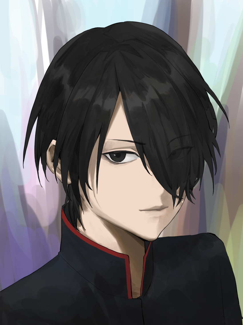 1boy araragi_koyomi black_eyes black_hair black_jacket close-up commentary curtains gakuran hair_over_one_eye highres indoors jacket lips long_bangs looking_at_viewer male_focus mandarin_collar monogatari_(series) naoetsu_high_school_uniform portrait romaji_commentary school_uniform solo tabulagami