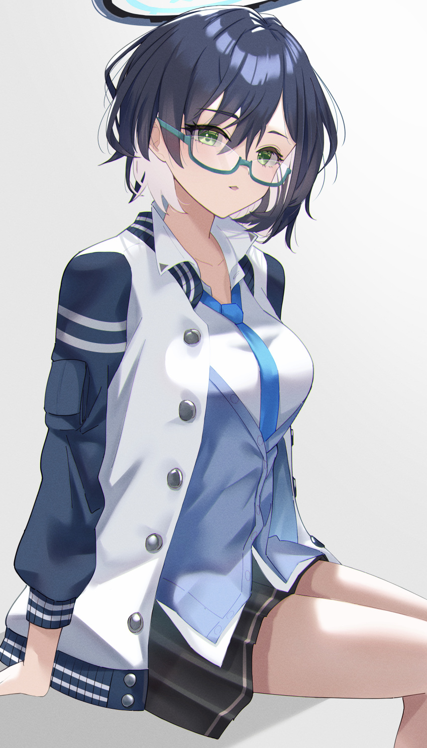 1girl absurdres aqua-framed_eyewear aqua_necktie black_hair blue_archive breasts chihiro_(blue_archive) commentary glasses green_eyes halo highres jacket katagirinanoka long_sleeves looking_at_viewer necktie open_clothes open_jacket school_uniform shirt short_hair simple_background solo white_shirt
