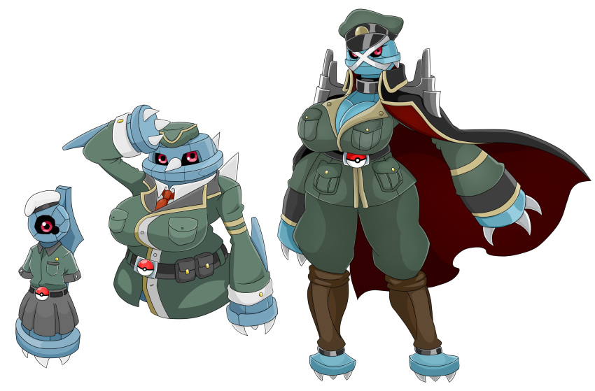 1_eye absurd_res anthro armless beldum belt big_breasts blue_eyes bottomwear breasts cape clothing female generation_3_pokemon group hat headgear headwear hi_res huge_breasts legless legwear metagross metang military_cap military_uniform nintendo pokeball pokemon pokemon_(species) red_eyes simple_background skirt trio uniform urusee584 white_background