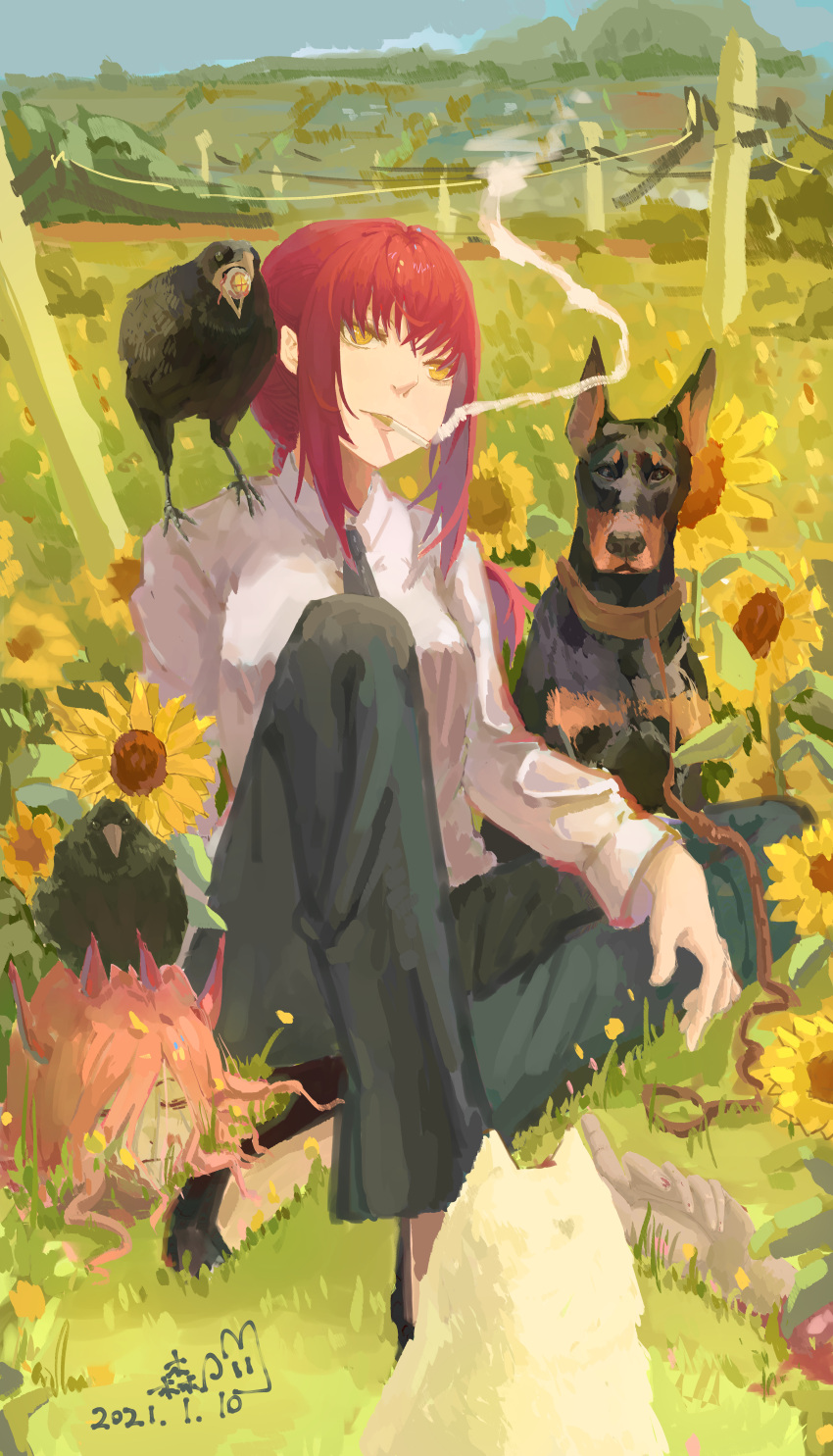 1girl absurdres animal_on_shoulder bird bird_on_shoulder black_footwear black_necktie black_pants blurry blurry_background chainsaw_man cigarette commentary crow dated day decapitation doberman dog eyeball flower grass highres leash makima_(chainsaw_man) medium_hair mori_niyaoko necktie open_mouth outdoors pants power_(chainsaw_man) red_hair shirt smoking summer sunflower white_shirt yellow_eyes