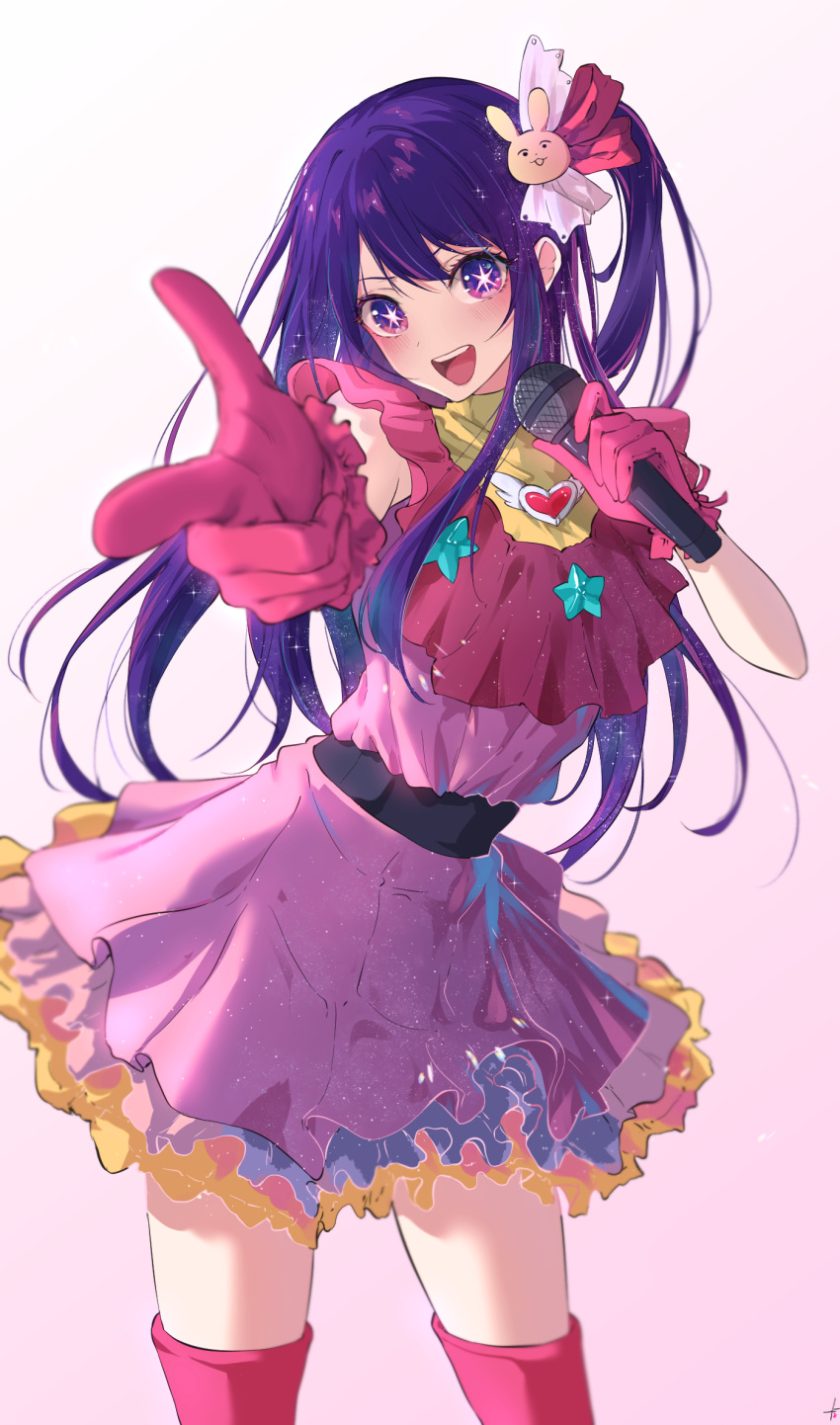 1girl :d dress feint721 foreshortening gloves hair_between_eyes hair_ornament highres hoshino_ai_(oshi_no_ko) long_hair looking_at_viewer oshi_no_ko pink_dress pink_gloves pointing pointing_at_viewer purple_eyes purple_hair rabbit_hair_ornament ribbon side_ponytail smile solo star-shaped_pupils star_(symbol) star_in_eye symbol-shaped_pupils symbol_in_eye white_background