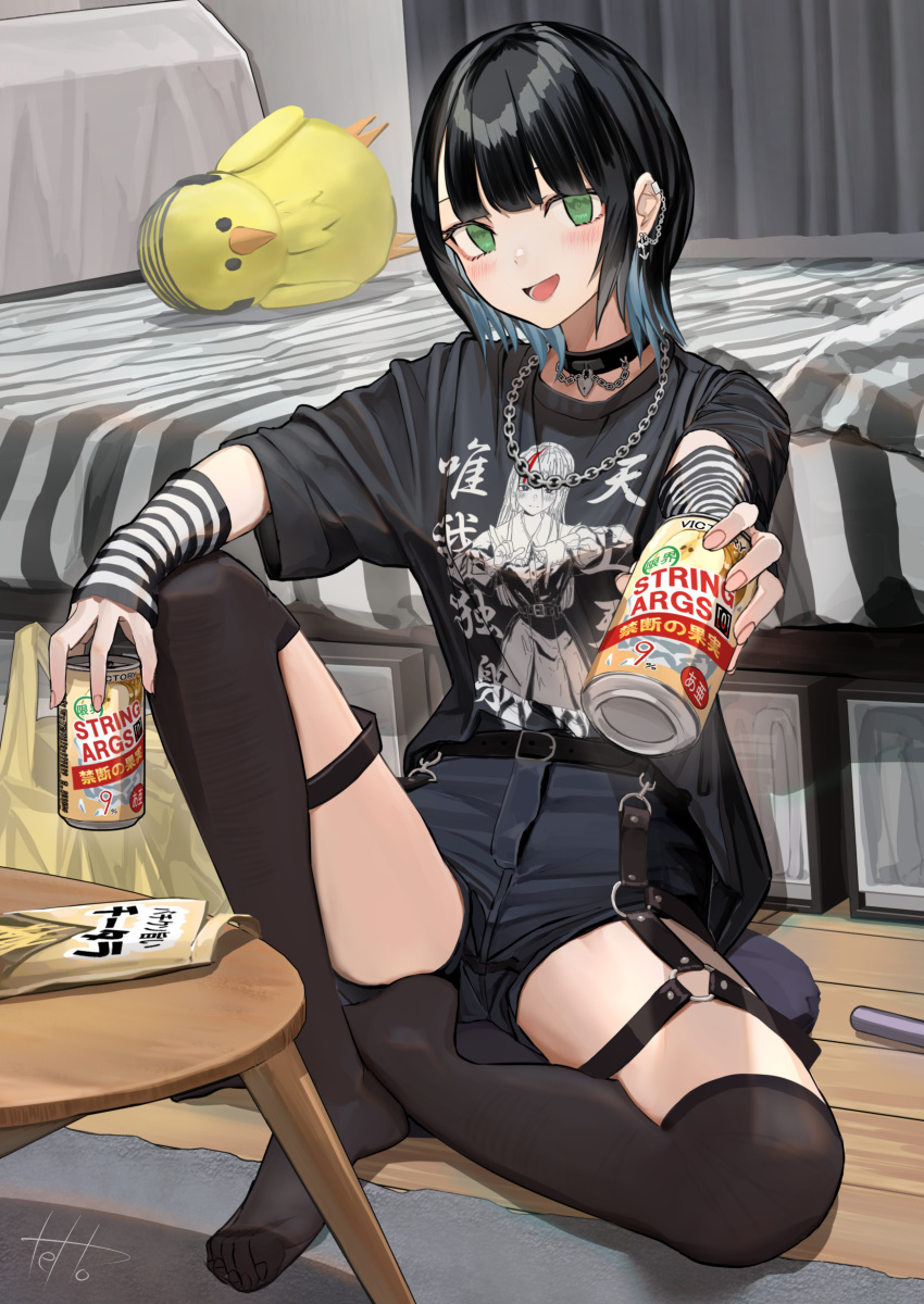 1girl :d absurdres alcohol arm_warmers bed belt black_hair blue_hair can collar colored_inner_hair douryou_(buta5813) green_eyes highres indoors jirai_kei multicolored_hair no_shoes original short_hair short_shorts shorts sitting smile solo stuffed_toy tetto_(onnoveltet) thighhighs two-tone_hair