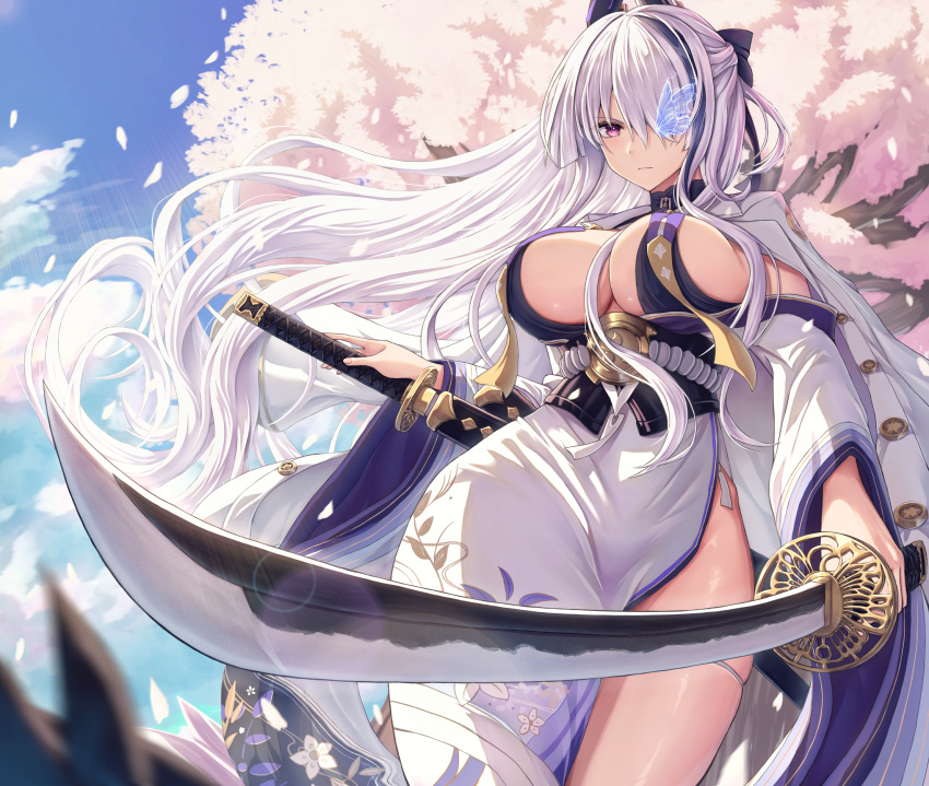 1girl azur_lane breast_curtains breasts buran_(22x) cherry_blossoms cleavage closed_mouth cowboy_shot dress foreshortening from_below grey_hair hair_over_one_eye highres katana large_breasts long_hair looking_at_viewer multiple_swords outdoors petals pink_eyes side_slit sideboob sky solo sword unzen_(azur_lane) very_long_hair weapon wide_hips wide_sleeves