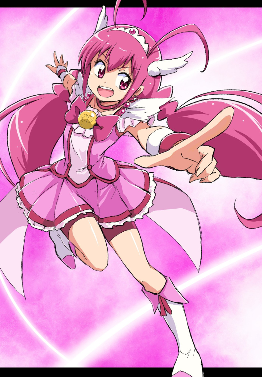 1girl antenna_hair bike_shorts boots bow bracelet brooch choker cure_happy dress foreshortening frilled_skirt frills head_wings highres hoshizora_miyuki jewelry leg_up long_hair magical_girl open_mouth outstretched_arms pink_background pink_bow pink_dress pink_eyes pink_footwear pink_hair pointing precure skirt smile_precure! solo spread_arms tiara twintails uraki wings