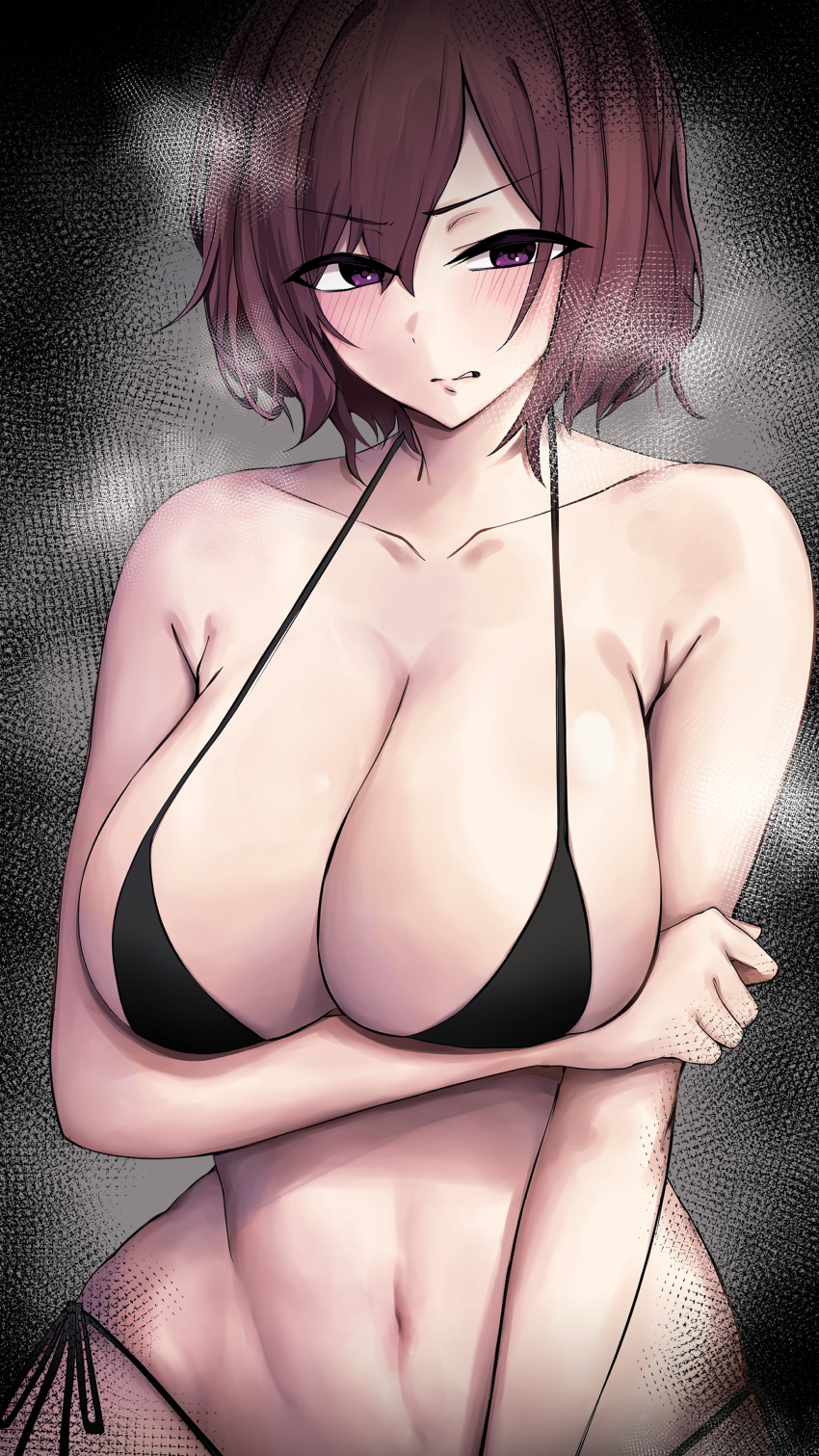 1girl absurdres alternate_breast_size anemia_(rrvg4348) arm_under_breasts armpit_crease bikini biting black_bikini blush breasts brown_hair cleavage collarbone commentary_request highres higuchi_madoka huge_breasts idolmaster idolmaster_shiny_colors lip_biting looking_at_viewer navel red_eyes side-tie_bikini_bottom solo steaming_body stomach swimsuit