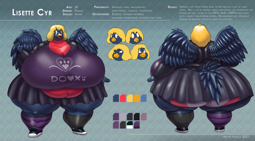 absurd_res anthro avian beak big_breasts big_butt bird blonde_hair blue_body blue_eyes blue_feathers bottomwear breasts butt clothed clothing english_text feathers female footwear front_view fully_clothed gesture hair hi_res huge_breasts huge_butt huge_thighs hyper hyper_butt hyper_thighs legwear lisette_cyr model_sheet non-mammal_breasts obese obese_anthro obese_female open_beak open_mouth overweight overweight_anthro overweight_female pattern_clothing pattern_footwear pattern_legwear pattern_socks rear_view shirt skirt socks solo striped_clothing striped_footwear striped_socks stripes text thick_thighs topwear vdisco waving wide_hips wings