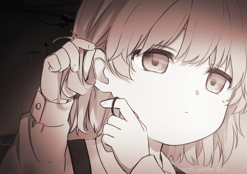 1girl :/ closed_mouth collared_shirt commentary_request expressionless eye_reflection hair_tie half-closed_eyes hands_up hatoba_tsugu highres holding_hair_tie long_sleeves looking_at_viewer mochi_punin mole mole_under_eye monochrome portrait reflection sepia shirt short_hair single_hair_ring sleeve_cuffs solo suspenders tsugu_(vtuber) twitter_username tying_hair vignetting virtual_youtuber