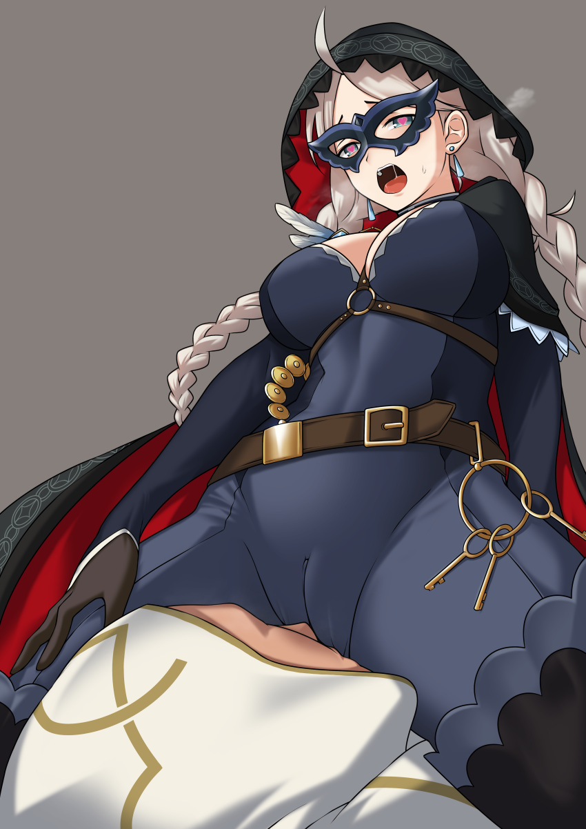 absurdres ahoge bbk_(13zk) belt blue_eyes braid breasts cameltoe cape commission commissioner_upload couple crystal_earrings cunnilingus cunnilingus_through_clothes earrings eye_mask feathers fire_emblem fire_emblem_fates fire_emblem_heroes gloves harness heart heart-shaped_pupils hetero highres hood hood_up hooded_cape jewelry key keyring kiran_(fire_emblem) kiran_(male)_(fire_emblem) low_twin_braids medium_breasts nina_(fire_emblem) nina_(thief)_(fire_emblem) non-web_source o-ring open_mouth oral parted_bangs symbol-shaped_pupils thighhighs twin_braids white_hair