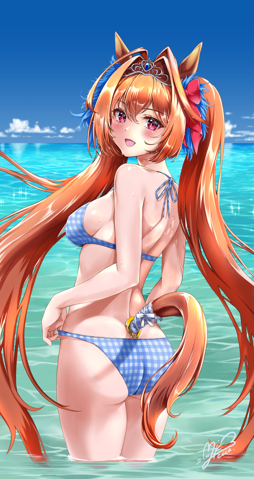 1girl absurdres animal_ears antenna_hair ass blue_sky breasts brown_hair cloud commentary_request daiwa_scarlet_(umamusume) day fang gingham_bikini hair_intakes highres horizon horse_ears horse_girl horse_tail large_breasts long_hair looking_at_viewer looking_back miki_lutecia nose ocean outdoors red_eyes skin_fang sky solo tail tiara twintails umamusume very_long_hair wading water