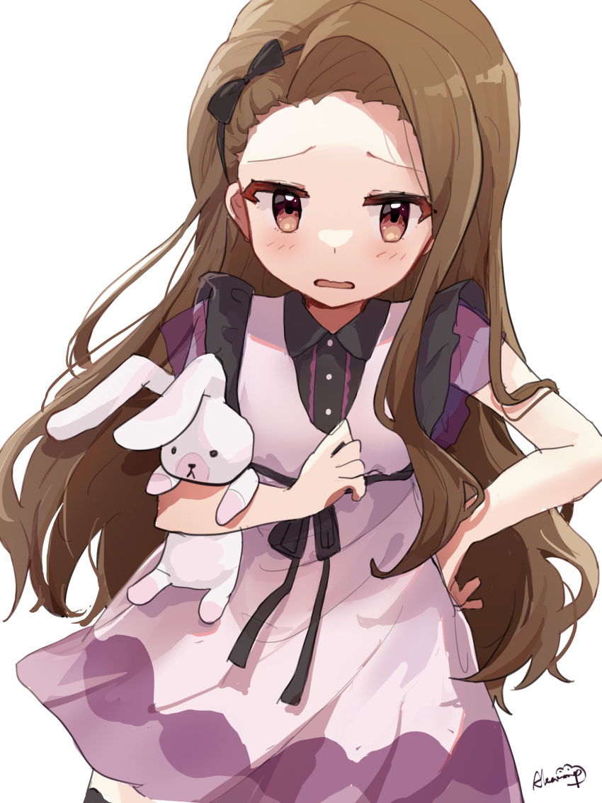 1girl absurdres black_bow black_hairband black_ribbon blush bow breasts brown_eyes brown_hair dress dress_bow hairband hand_on_own_hip hand_up highres holding holding_stuffed_toy idolmaster idolmaster_(classic) idolmaster_million_live! idolmaster_million_live!_theater_days long_hair looking_at_viewer minase_iori nnnn open_mouth pink_dress red_eyes ribbon see-through see-through_sleeves short_sleeves signature simple_background small_breasts solo stuffed_animal stuffed_rabbit stuffed_toy upper_body usa-chan_(idolmaster) white_background