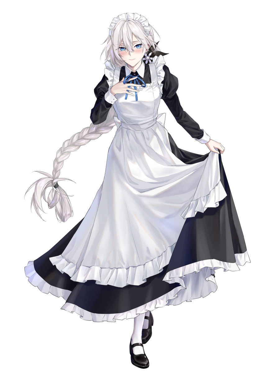 1girl absurdres alternate_costume apc556_(girls'_frontline) blue_eyes blue_ribbon blush braid closed_mouth commission english_commentary enmaided flower full_body girls'_frontline hair_between_eyes hair_flower hair_ornament hand_on_own_chest highres juliet_sleeves long_hair long_sleeves looking_at_viewer maid maid_headdress neck_ribbon pantyhose pixiv_commission puffy_sleeves ribbon simple_background solo standing suprii white_background white_hair