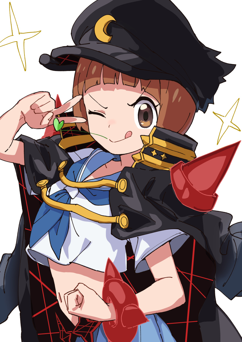 1girl :q absurdres black_cape black_headwear blue_neckerchief blue_sailor_collar brown_eyes brown_hair cape clenched_hand crop_top from_side gazacy_(dai) highres kill_la_kill mankanshoku_mako navel neckerchief official_alternate_costume sailor_collar shirt short_hair short_sleeves smile solo sparkle stomach tongue tongue_out v_over_eye white_background white_shirt