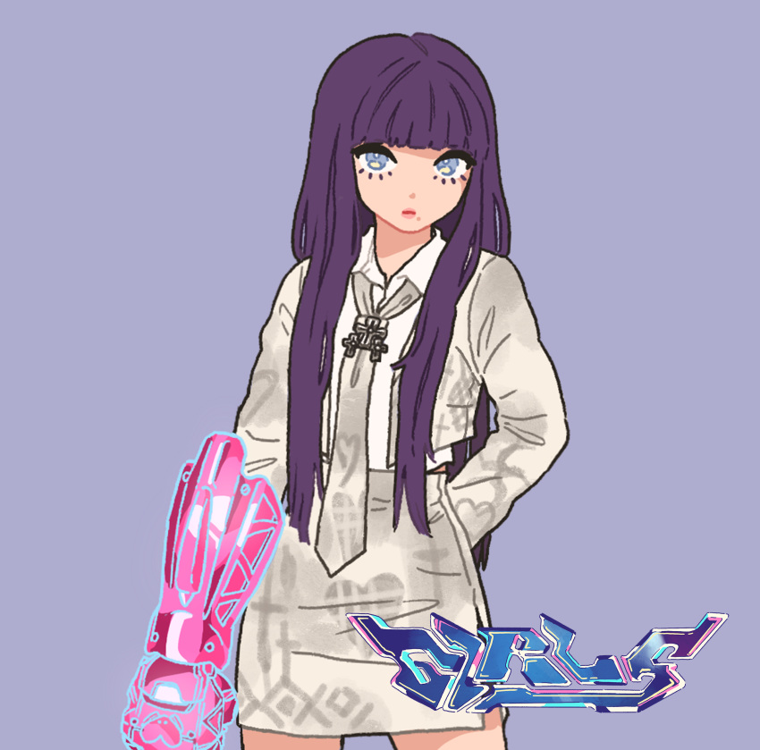 1girl aespa animification arm_behind_back blue_eyes blunt_bangs collared_shirt gloves grey_jacket grey_necktie grey_skirt guriming highres jacket k-pop karina_(aespa) metal_gloves mole mole_under_mouth necktie purple_background purple_hair real_life shirt single_glove skirt solo song_name white_shirt