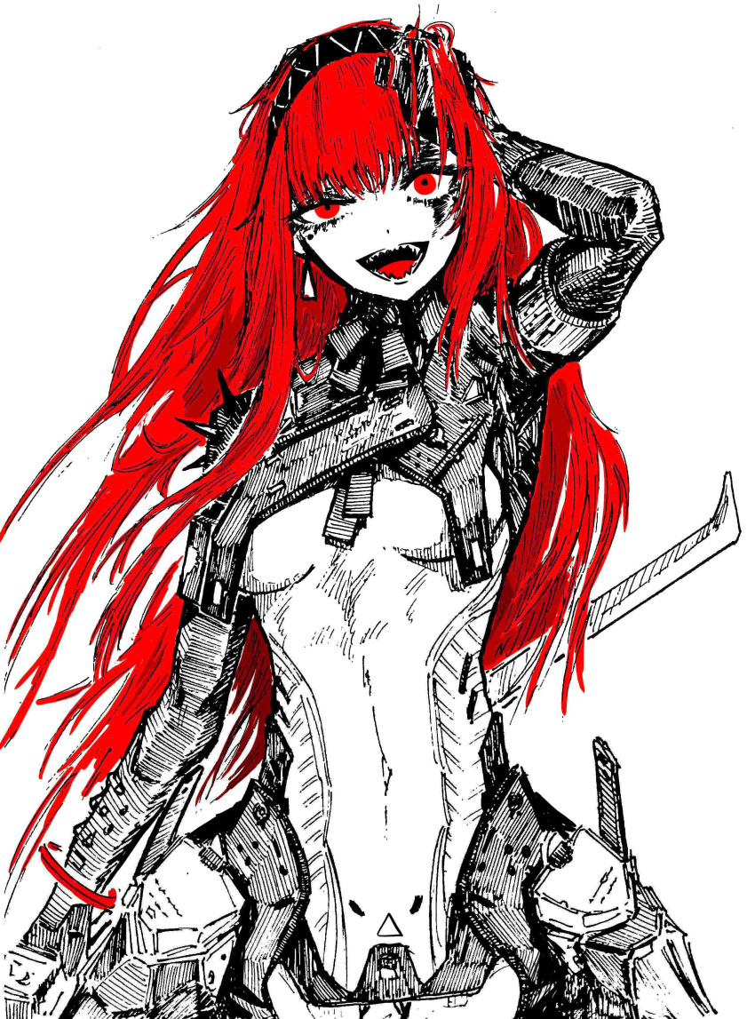 1girl absurdres black_hairband blood blood_from_eyes bodysuit bruise bruise_on_face crazy_eyes crazy_smile earrings hairband hand_on_own_head highres holding holding_weapon injury jewelry long_hair open_mouth partially_colored punishing:_gray_raven red_eyes red_hair sharp_teeth shiokaze1409 smile solo teeth triangle_earrings vera:_rozen_(punishing:_gray_raven) vera_(punishing:_gray_raven) weapon