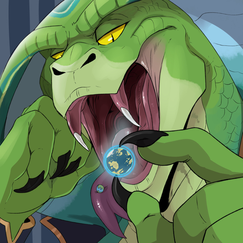 1:1 absurd_res alternate_version_at_source anthro black_claws claws finger_claws glistening glistening_eyes green_body green_scales hi_res imp imperatorcaesar male narrowed_eyes no_sclera object_vore open_mouth planet_vore pupils reptile scales scalie sharp_teeth slit_pupils snake solo teeth vore yellow_eyes