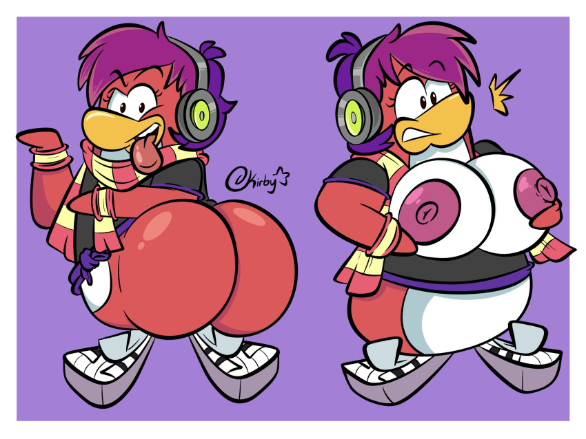 anthro areola avian bird bottomless breasts butt clothed clothing club_penguin exposed_breasts female footwear friendship_is_magic hair hasbro headphones hi_res holding_breast kirby_jack looking_at_viewer looking_back my_little_pony nipples penguin princess_cadance_(mlp) purple_hair rear_view shirt shirt_only shoes solo suprised_look tongue tongue_out topwear topwear_only