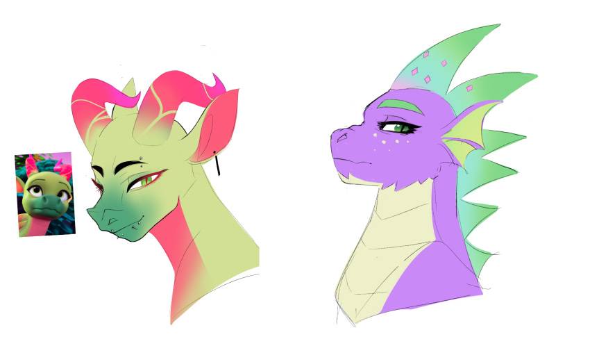 aztrial dragon ear_fins ear_piercing fin friendship_is_magic green_body green_eyes green_scales hasbro hi_res horn leaf_(mlp) looking_at_viewer male my_little_pony piercing pupils purple_body purple_scales scales screencap slit_pupils spike_(mlp)