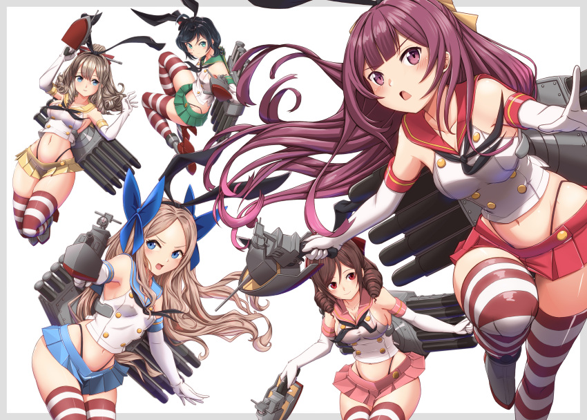 5girls absurdres adapted_turret ahoge alternate_costume asakaze_(kancolle) black_hair black_hairband black_neckerchief black_panties blue_eyes blue_ribbon blue_skirt bow breasts brown_hair cannon chestnut_mouth cosplay crop_top cropped_shirt dated drill_hair elbow_gloves foreshortening full_body gloves green_eyes green_sailor_collar green_skirt grey_footwear hair_bow hair_ribbon hairband harukaze_(kancolle) hat hatakaze_(kancolle) highleg highleg_panties highres kamikaze_(kancolle) kantai_collection light_brown_hair long_hair looking_to_the_side machinery matsukaze_(kancolle) medium_breasts microskirt midriff mini_hat mini_top_hat miniskirt moke_ro multiple_girls navel neckerchief open_mouth outstretched_arm panties parted_bangs pink_sailor_collar pink_skirt pleated_skirt ponytail purple_hair red_bow red_eyes red_sailor_collar red_skirt ribbon rigging rudder_footwear sailor_collar school_uniform serafuku shimakaze_(kancolle) shimakaze_(kancolle)_(cosplay) shirt short_hair skirt small_breasts smile standing standing_on_one_leg strap_slip striped striped_thighhighs thighhighs thong top_hat torpedo torpedo_launcher turret twin_drills twitter_username underwear wavy_hair white_gloves white_shirt yellow_sailor_collar yellow_skirt