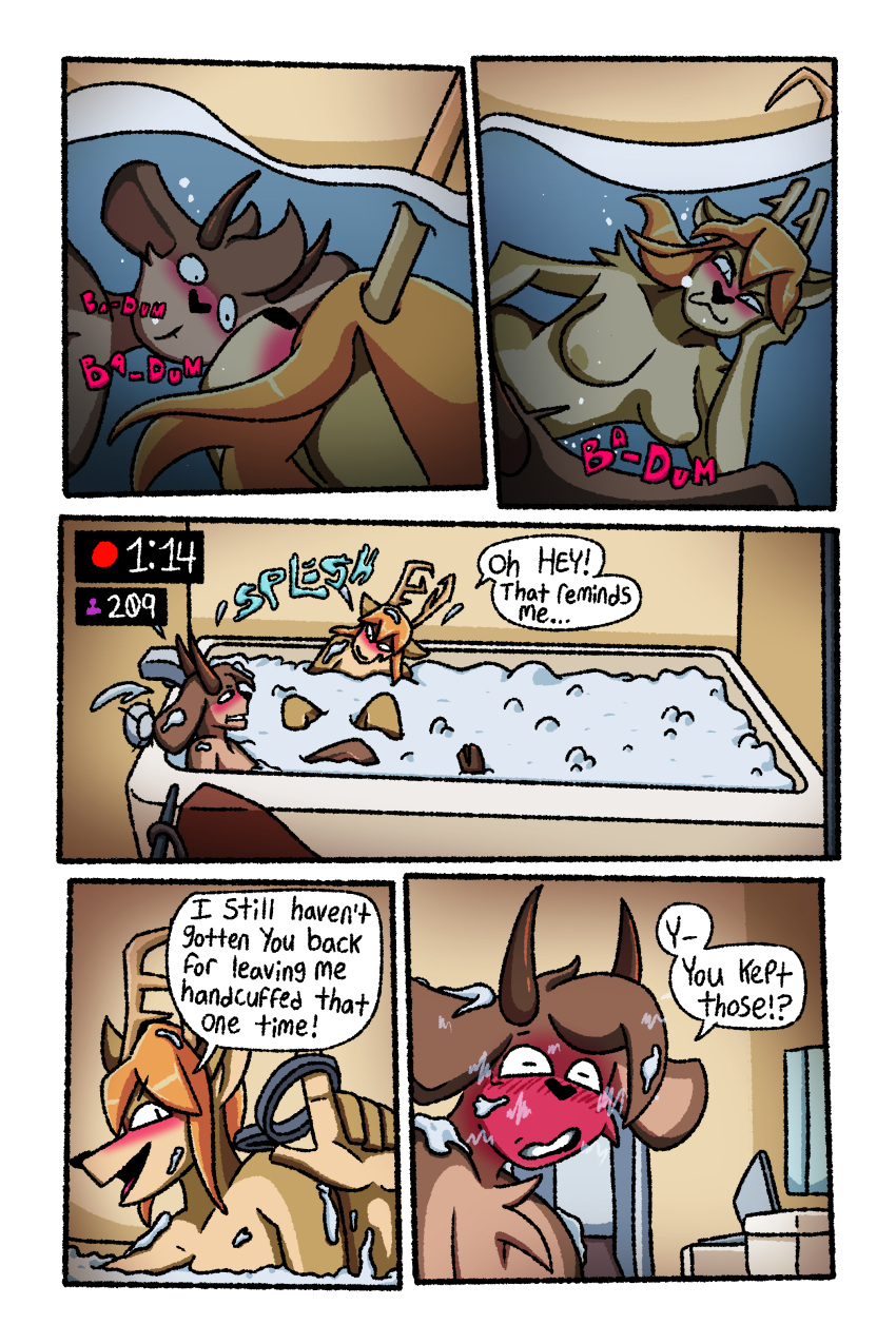 absurd_res antlers ariel_(deerkid) bath big_breasts blush border bovid breasts bubble_bath capri_(deerkid) caprine comic deer deerkid dialogue dominant dominant_female duo embarrassed english_text female flustered goat hair hi_res horn larger_female livestream male male/female mammal nude open_mouth recording size_difference speech_bubble teeth text underwater water white_border