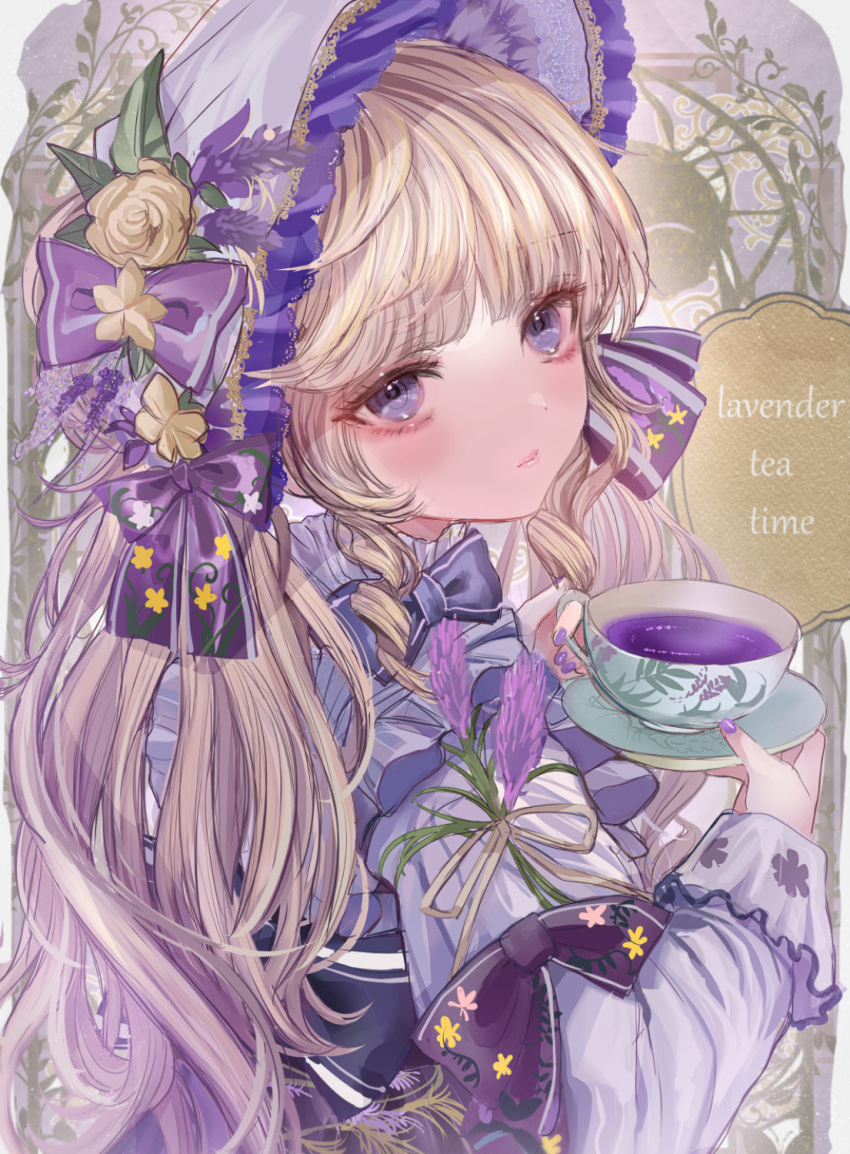 1girl black_bow black_bowtie blunt_bangs blush bonnet bow bowtie brown_hair closed_mouth cup dot_nose drink english_text flower from_side hat hat_flower highres holding holding_drink komorihikki lavender_(flower) lips lolita_fashion long_bangs long_hair long_sleeves looking_at_viewer nail_polish original purple_bow purple_eyes purple_headwear purple_nails saucer shirt sidelocks solo teacup twintails upper_body white_shirt