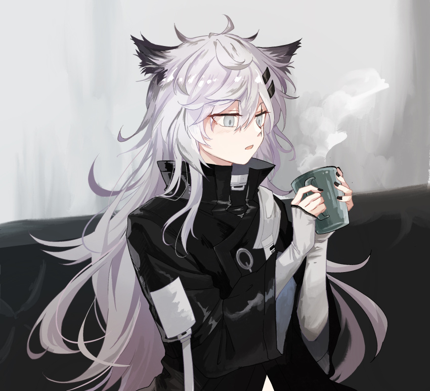 1girl absurdres ahoge animal_ear_fluff animal_ears arknights black_jacket black_nails collared_jacket commentary_request couch cup drink elbow_gloves fingerless_gloves fingernails from_side gloves grey_eyes grey_hair hair_between_eyes hair_ornament hairclip hands_up high_collar highres holding holding_cup holding_drink hot_drink indoors itonatsu jacket lappland_(arknights) layered_sleeves light_blush long_hair long_sleeves looking_at_object messy_hair mug nail_polish on_couch open_mouth scar scar_across_eye scar_on_face shadow short_over_long_sleeves short_sleeves sitting solo steam upper_body wall wallpaper_(object) white_background white_gloves wide_sleeves wolf_ears wolf_girl