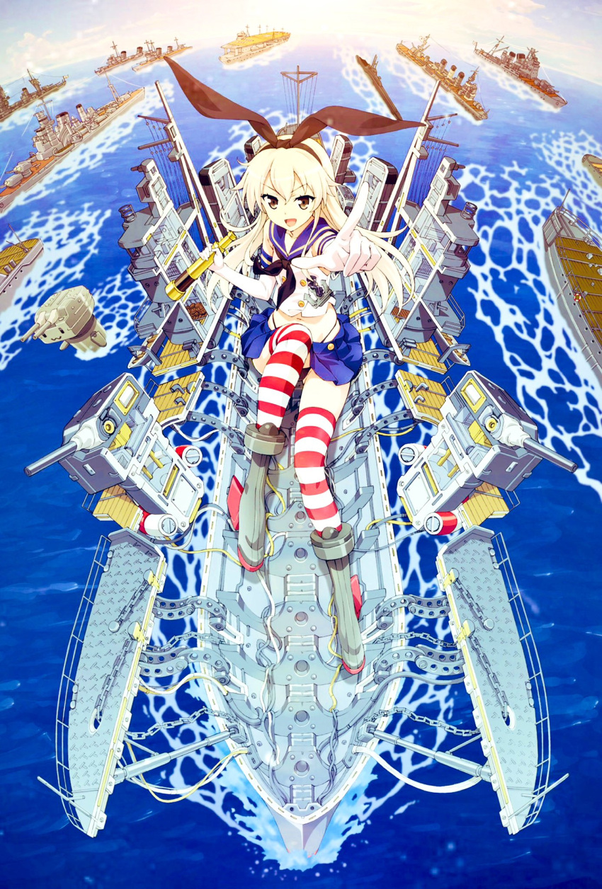 1girl anchor_hair_ornament black_panties blue_skirt commentary_request crop_top destroyer elbow_gloves fusou_(battleship) gloves grey_eyes hair_ornament hair_ribbon hairband highleg highleg_panties highres kantai_collection long_hair looking_at_viewer microskirt military military_vehicle miniskirt ocean open_mouth panties pointing pointing_at_viewer rensouhou-chan revision ribbon sailor_collar school_uniform serafuku shimakaze_(destroyer) shimakaze_(kancolle) ship sidelocks skirt smile solo striped striped_thighhighs takao_(cruiser) telescope thighhighs thong underwear warship watanabe_yoshihiro watercraft white_gloves