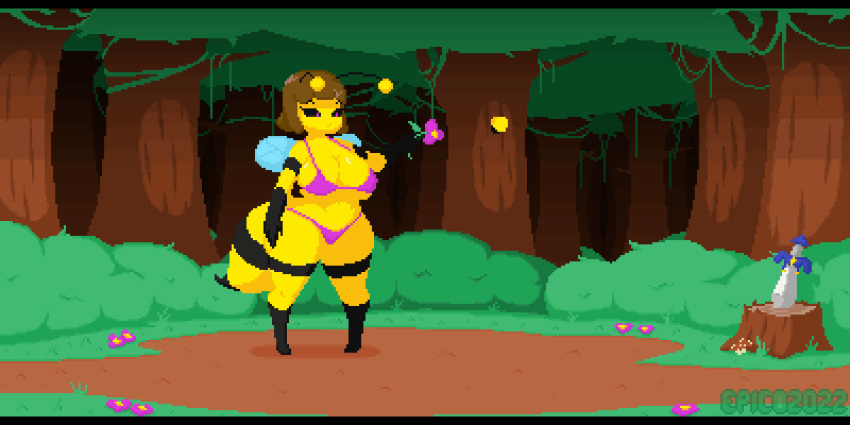 animated antennae_(anatomy) anthro areola arthropod arthropod_abdomen bee big_breasts bikini bodily_fluids breast_expansion breasts clothing digital_media_(artwork) epicpotatolord expansion female food forest hi_res honey_(food) huge_breasts hymenopteran hyper hyper_breasts insect lactating long_nipples melee_weapon nipples no_sound pixel_(artwork) pixel_animation plant short_playtime solo standing swimwear sword thick_thighs tree unusual_bodily_fluids unusual_lactation wardrobe_malfunction weapon wide_hips yellow_body